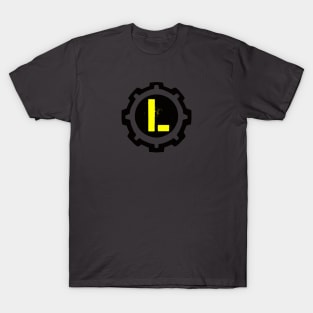 Yellow Letter L in a Black Industrial Cog T-Shirt